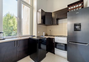 Eine moderne Küche mit dunklen Schränken, einem Edelstahlkühlschrank, einem Herd und einem Fenster mit Blick auf Grünflächen.