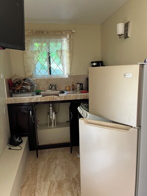 Une cuisine de taille réduite équipée d’un réfrigérateur, d’un évier et d’une cuisinière.