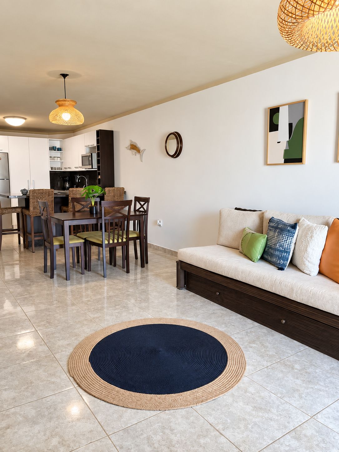 Un salon moderne avec un canapé, une table à manger et des chaises, une cuisine en arrière-plan et un miroir décoratif sur le mur.