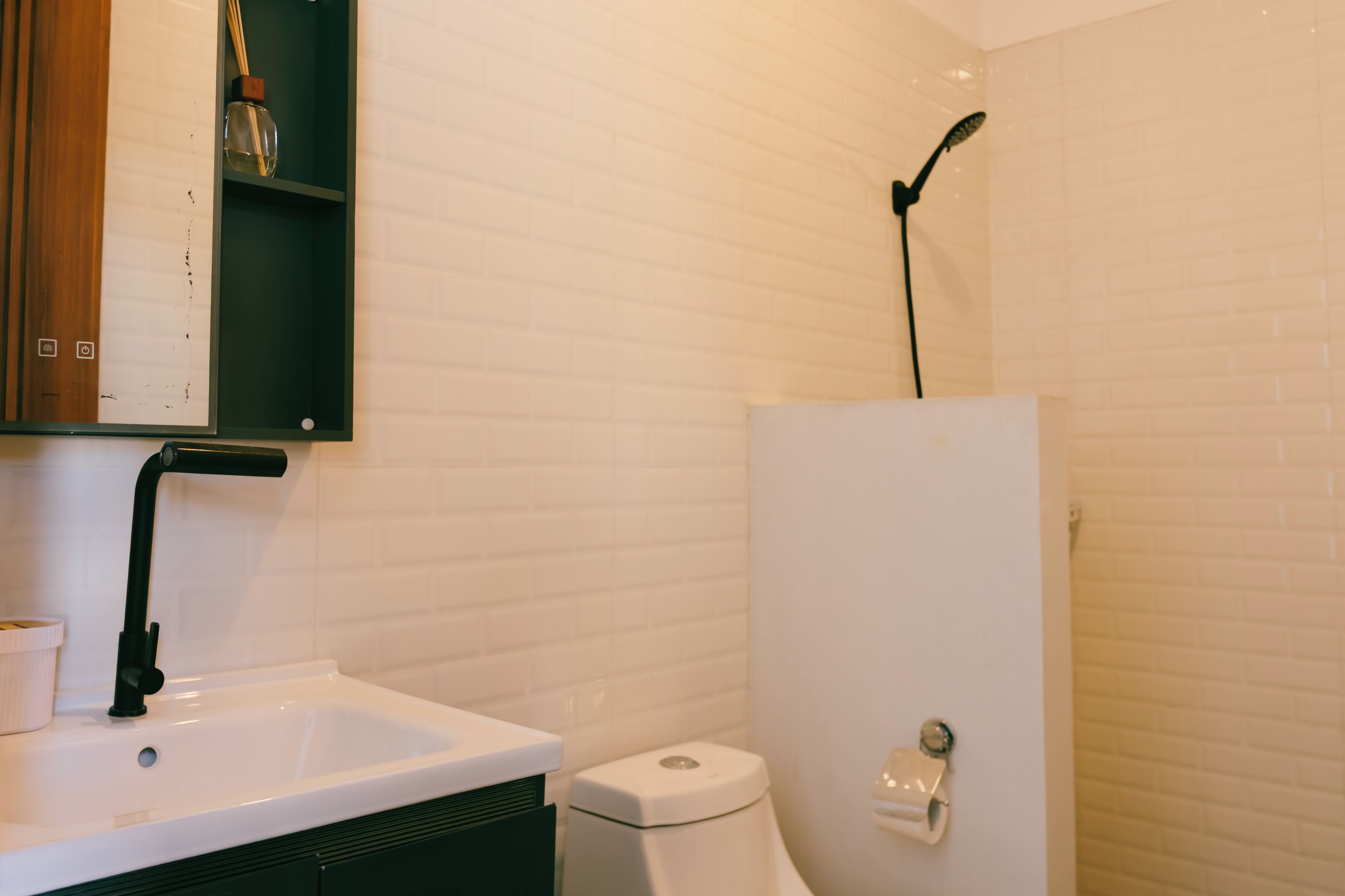 A bathroom with a white sink, a toilet, and a shower.