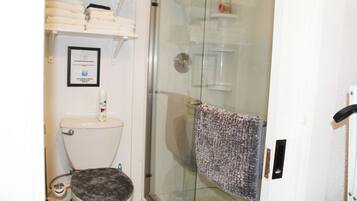 A bathroom with a toilet, a glass shower enclosure, and a towel rack.