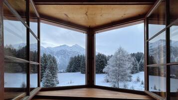 Ein Zimmer mit großen Fenstern und Blick auf verschneite Berge und Bäume.