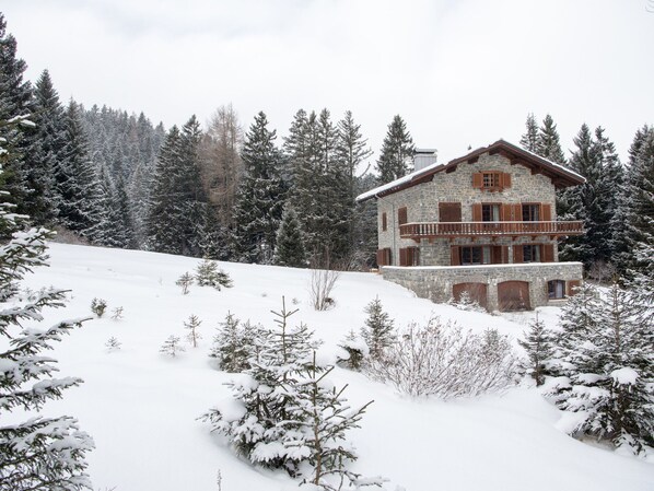 Eine Steinkulisse mit Balkon, umgeben von schneebedeckten Bäumen.