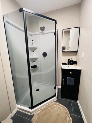 A glass-enclosed shower stall with a white sink and a mirror above it. - Charming Gold Suite - Entire Guest Unit-Tempe & ASU (Tempe)