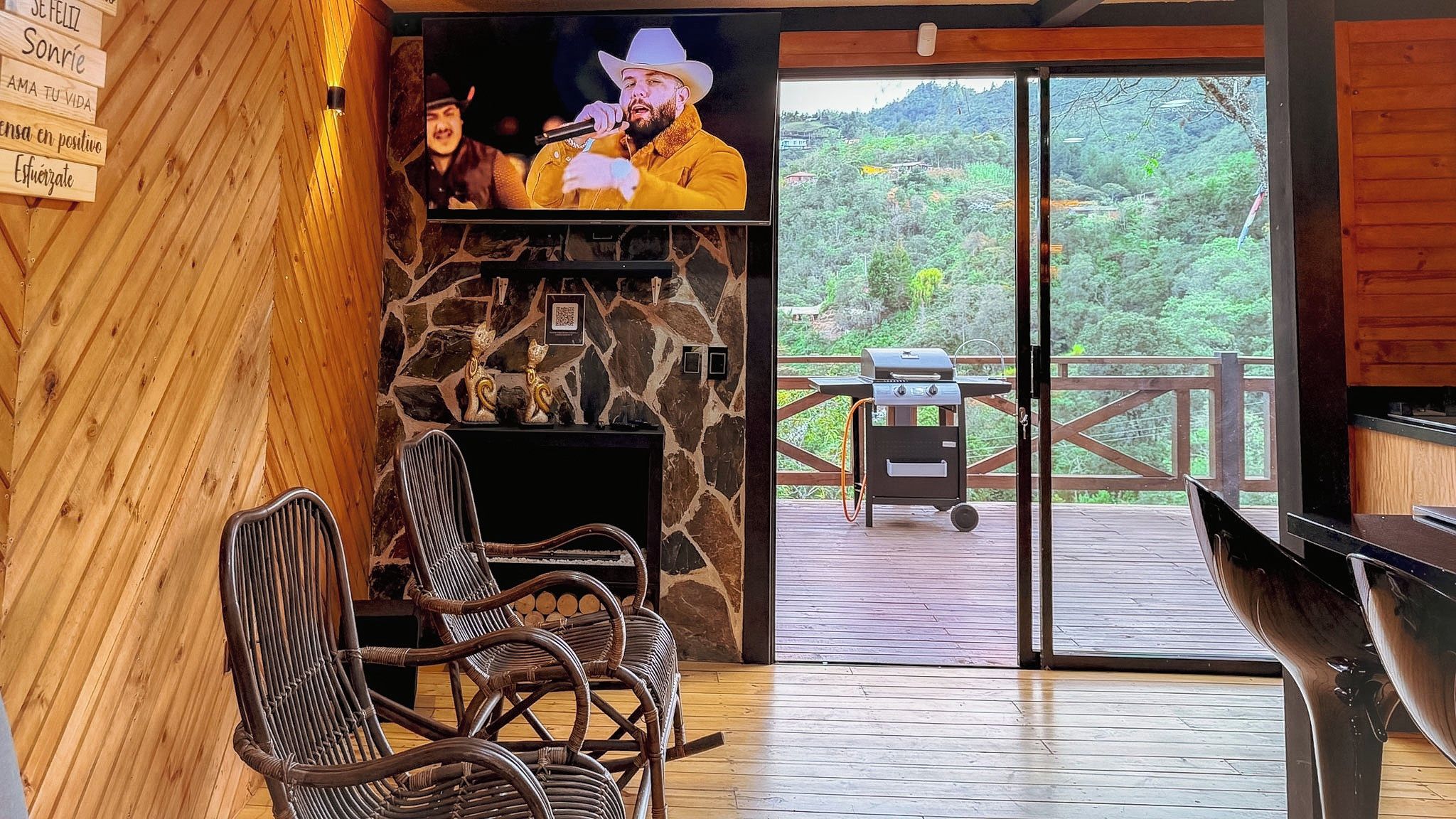 A wooden interior with a stone wall, wicker chairs, a television, and a view of a deck with a grill.