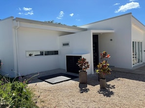 A modern building with a flat roof, a small window, and a door. There are two potted plants in the foreground. - Serene, Contemporary Retreat with Plunge Pool (Playa Avellanas)