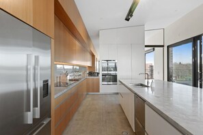 A modern kitchen with stainless steel appliances, wooden cabinetry, and a large window providing a view. - Luxury Penthouse in the City (Christchurch)