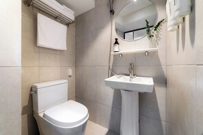 A modern bathroom with a toilet, a sink, and a mirror.