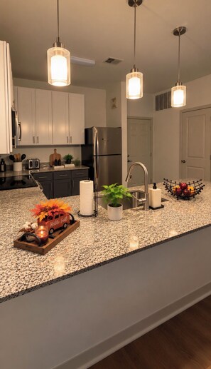 A modern kitchen with granite countertops, stainless steel appliances, pendant lighting, and a fruit bowl. - Peaceful 1-bedroom apartment with AC in vibrant Atlanta (Atlanta)