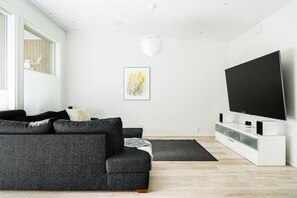 Ein modernes Wohnzimmer mit einem grauen Sofa, einem Flachbildfernseher und minimalistischer Einrichtung.