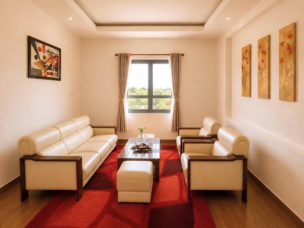 Una sala de estar con un sofá beige, una mesa de centro y una alfombra roja. Hay una ventana con cortinas y cuadros en las paredes.