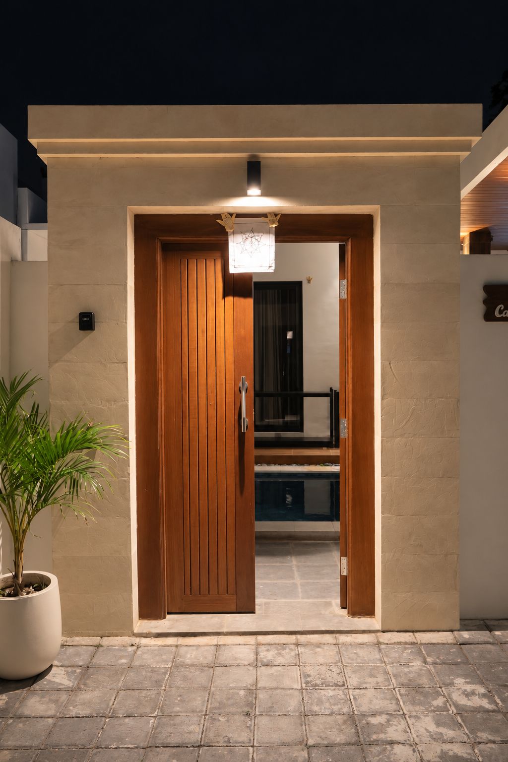 A modern entrance with a wooden door, a potted plant, and a light fixture above the door.