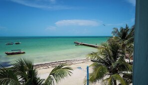 A beach with clear turquoise water, a pier extending into the sea, and palm trees in the foreground. - El Faro by OOL Hotels (Isla Holbox)