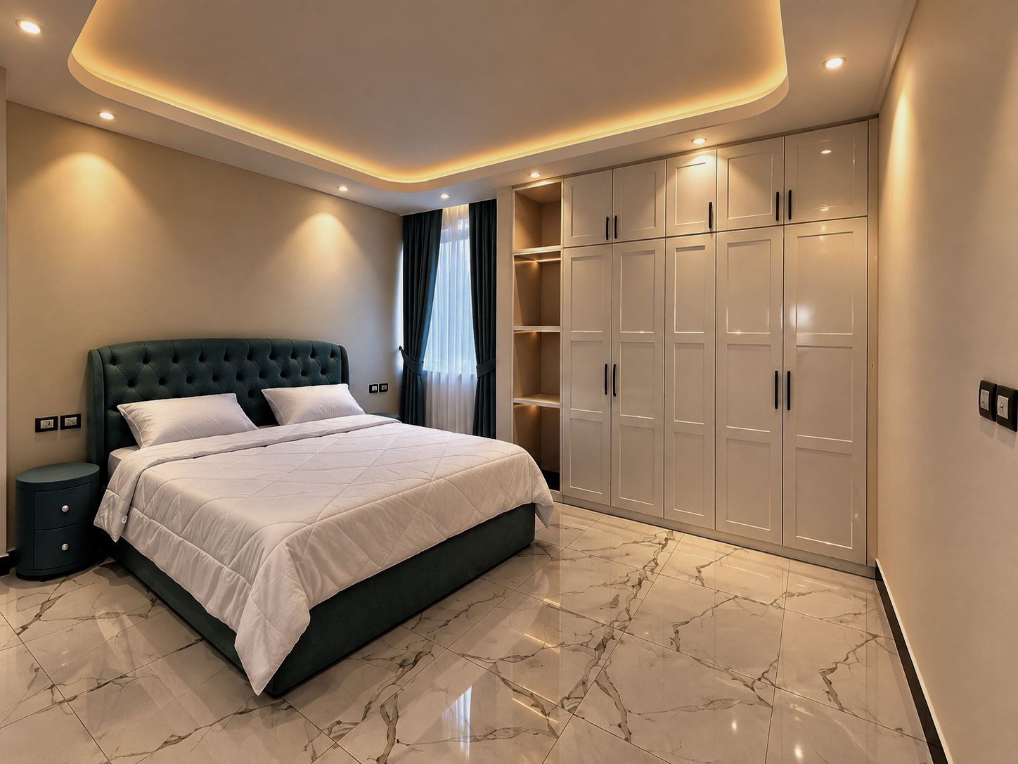 A bedroom with a bed, nightstand, wardrobe, and marble flooring.