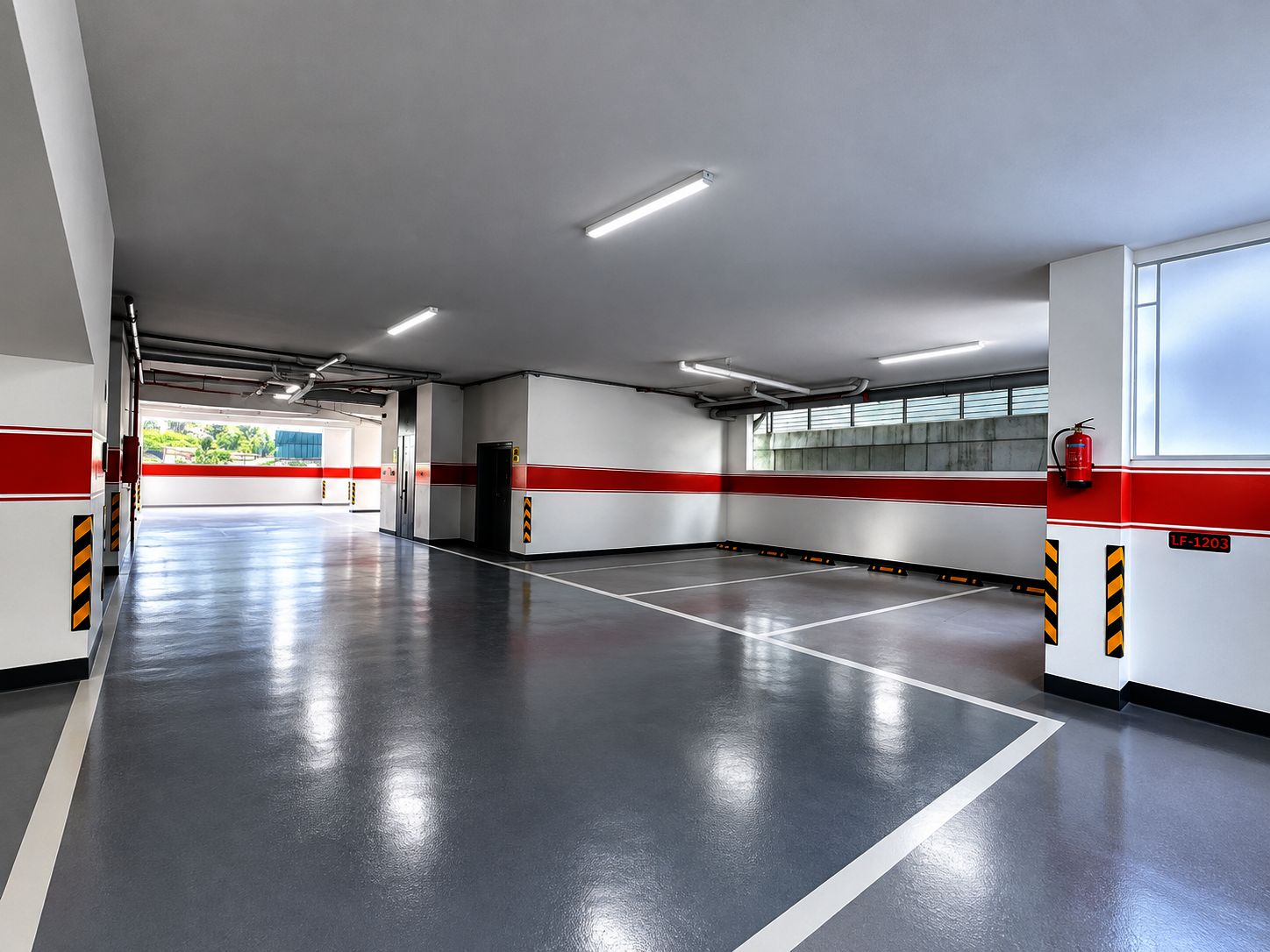 A parking garage with clear markings, a fire extinguisher, and a visible exit.