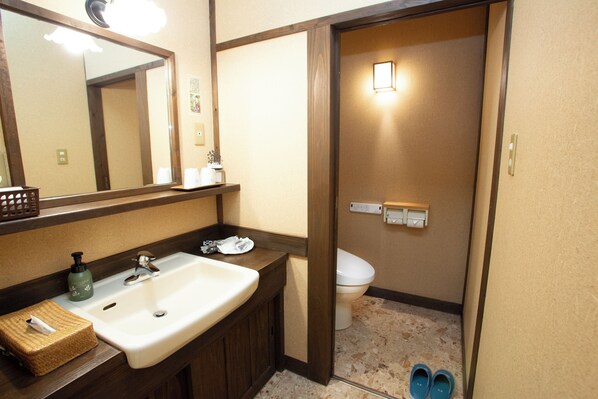 Un baño con lavamanos, espejo e inodoro.