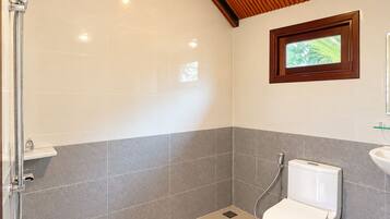 Un baño con ducha, inodoro y ventana.