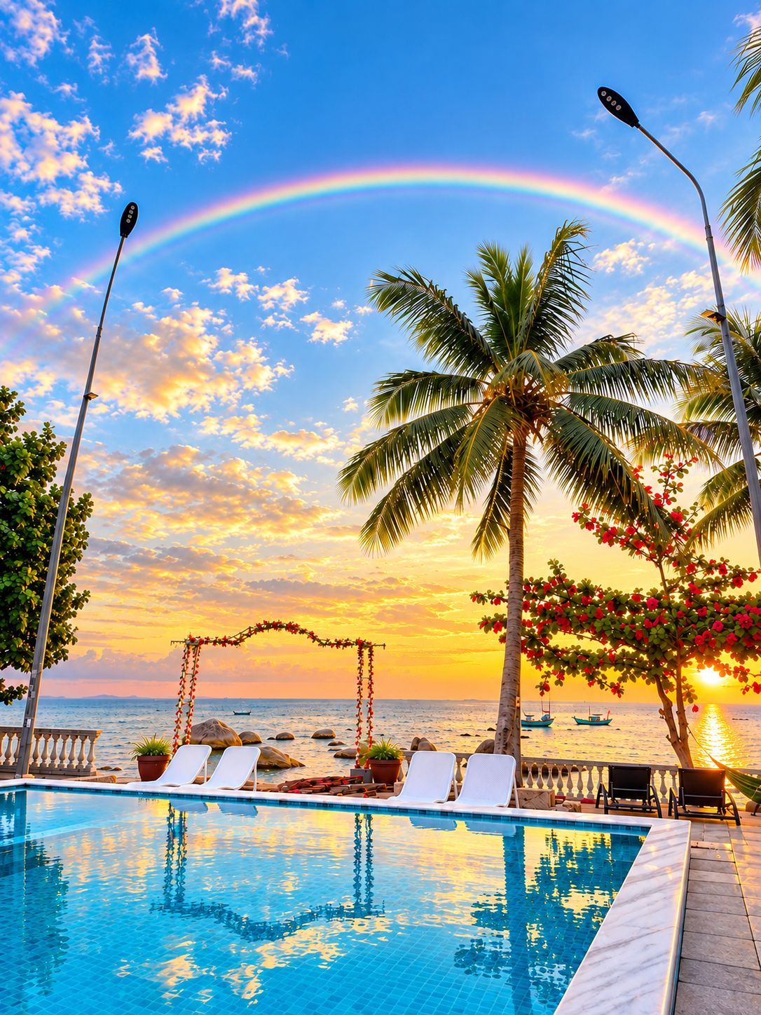 Vista a la piscina con sillones de descanso, un atardecer, palmeras y cielo despejado.