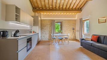 Una cocina moderna con comedor y sofá.