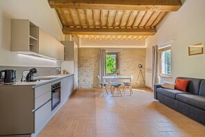 Una cocina moderna con comedor y sofá.