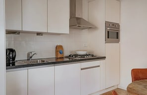 A modern kitchen with white cabinets, a stainless steel sink, a gas stove, and an oven. - Dune apartment Flat Fish in Egmond aan Zee for 3 guests, with a sun terrace, sea views and direct beach access. (Egmond aan Zee)