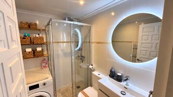A modern bathroom with a glass-enclosed shower, a toilet, a sink, and a mirror.