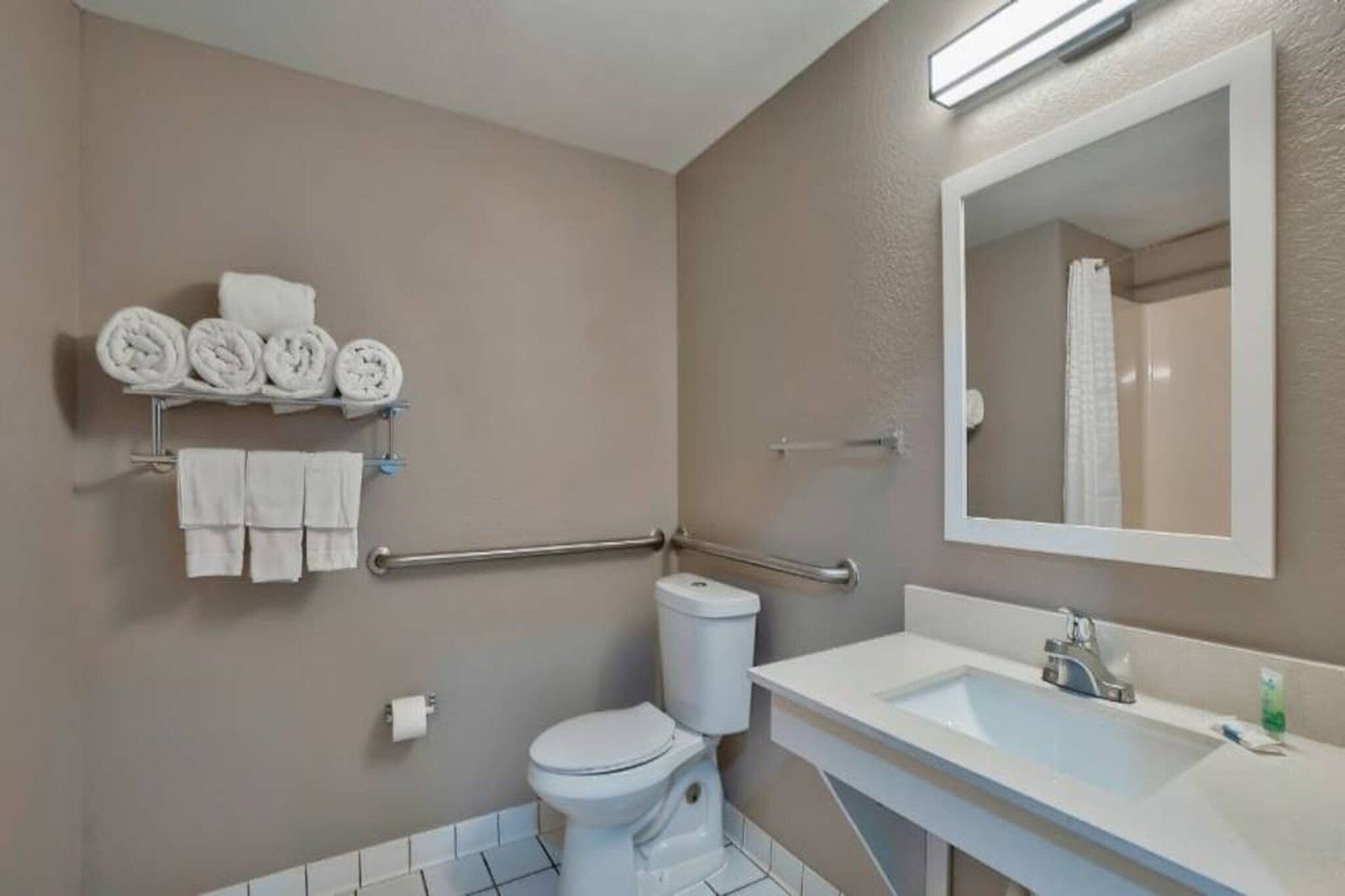 Ein Badezimmer mit Toilette, Waschbecken und Haltegriffen.
