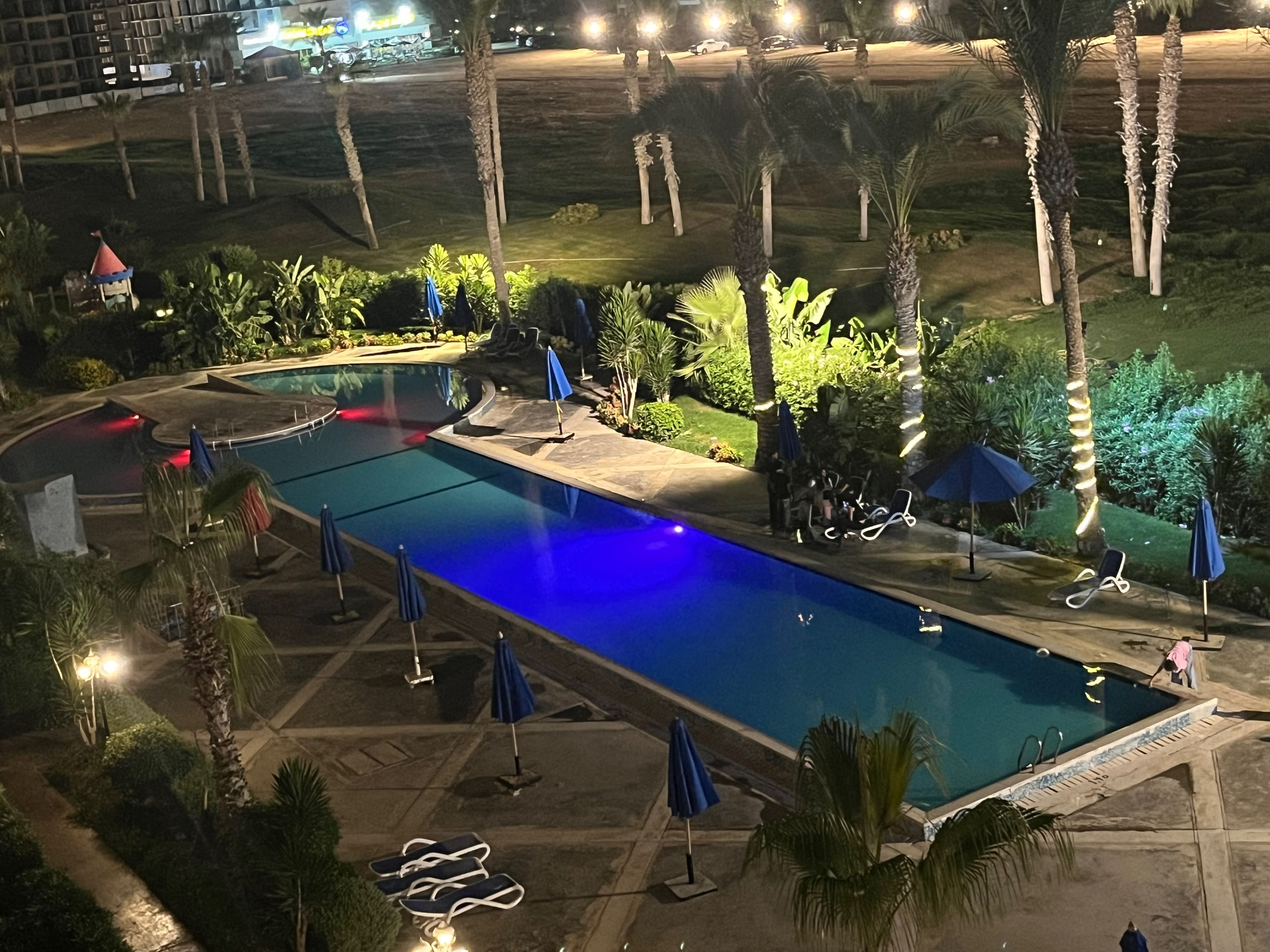 A swimming pool with adjacent lounge areas, palm trees, and a well-lit environment.