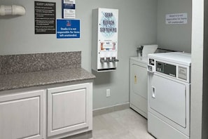 Un cuarto de lavandería con lavadora y zona de lavado que incluye pileta, jabón, lejía y dispensador de suavizantes.