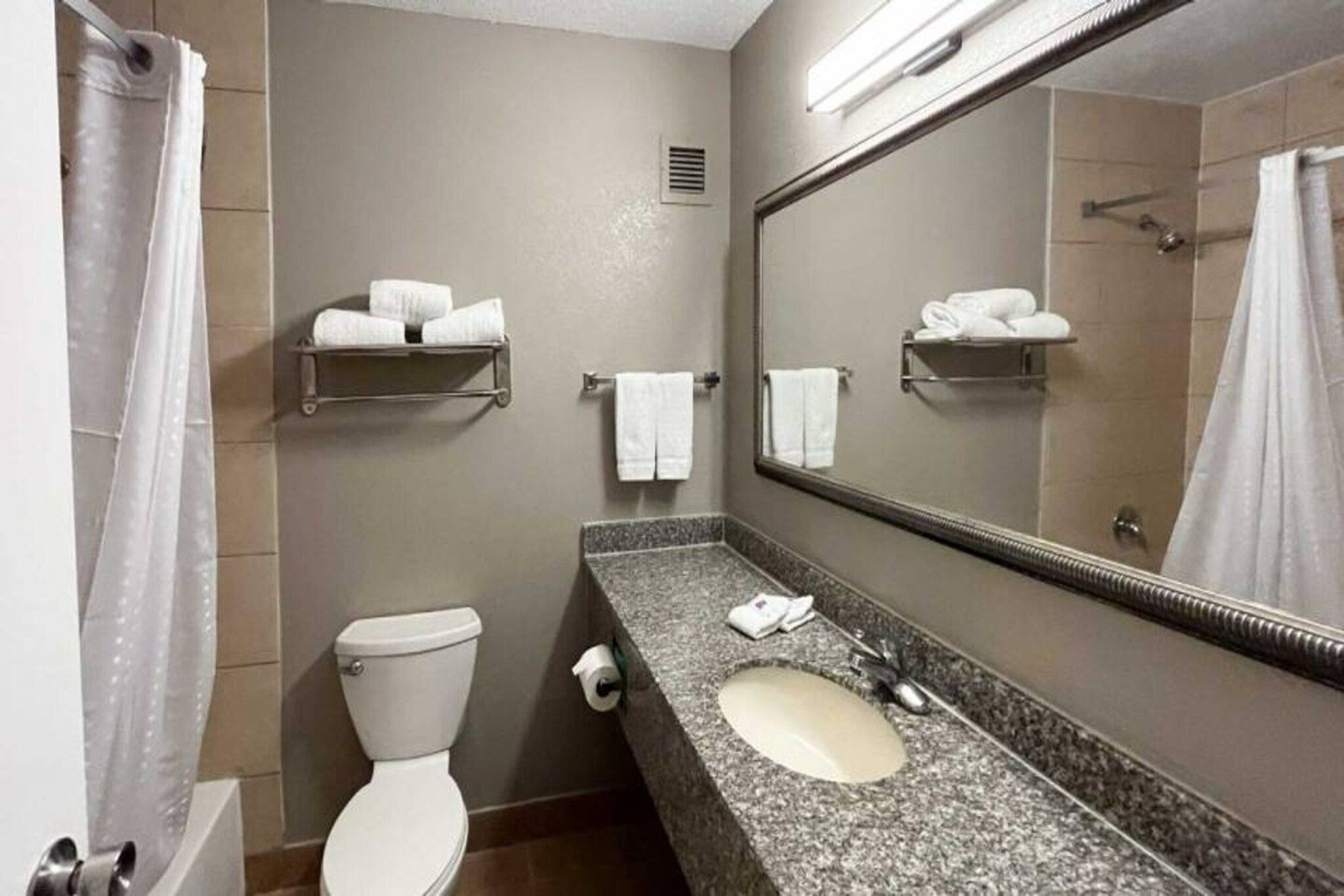 Une salle de bain d’hôtel équipée d’un WC, d’un lavabo, d’un miroir, d’un porte-serviettes et d’un rideau de douche.