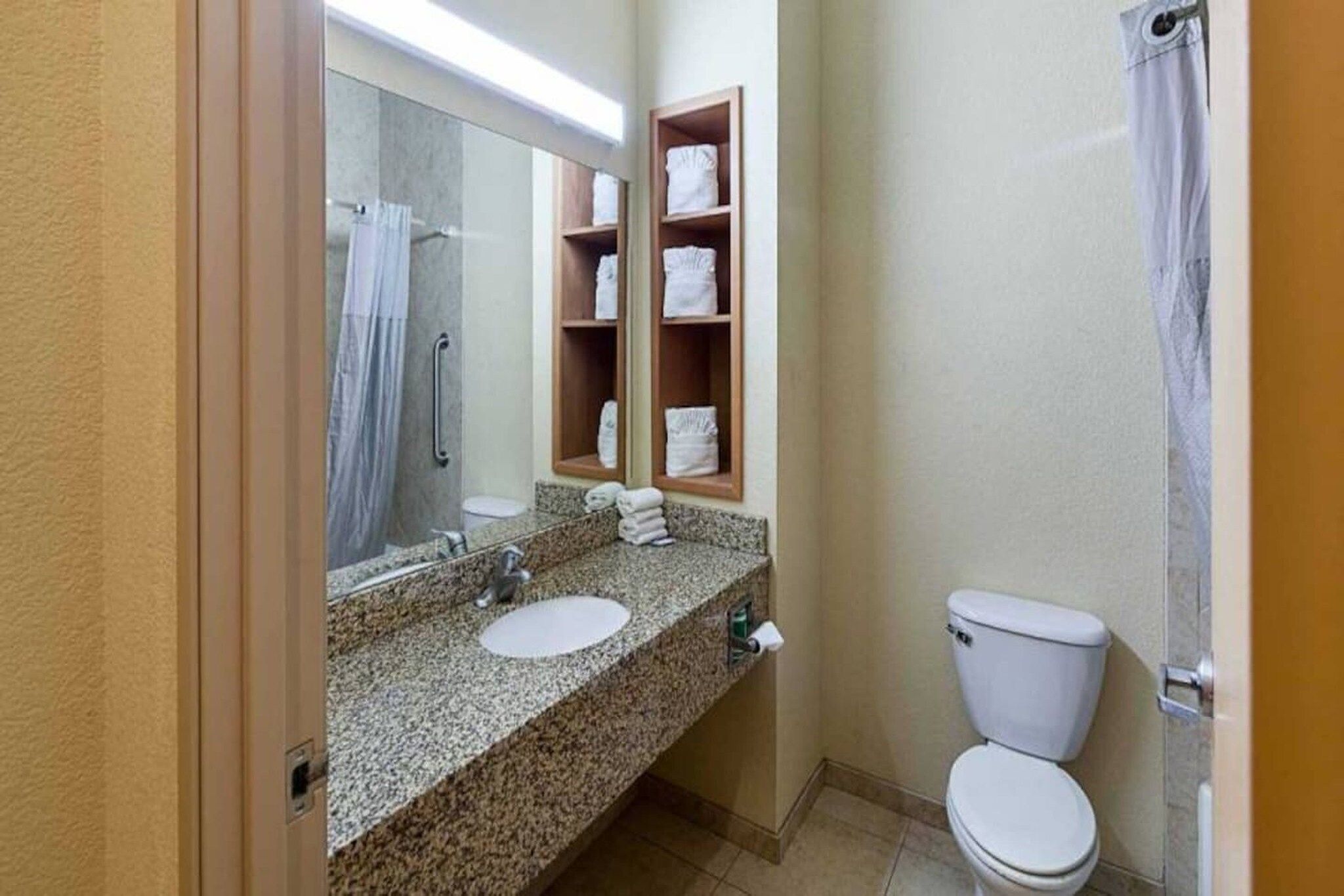 A bathroom with a granite countertop, two sinks, a toilet, a shower, and a mirror.