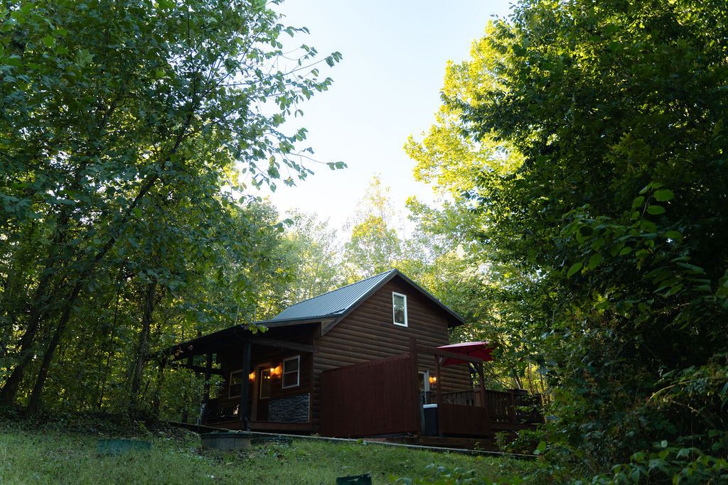 Eine rustikale Holzhütte, umgeben von dichtem Wald, mit einer Veranda und einer kleinen Terrasse.