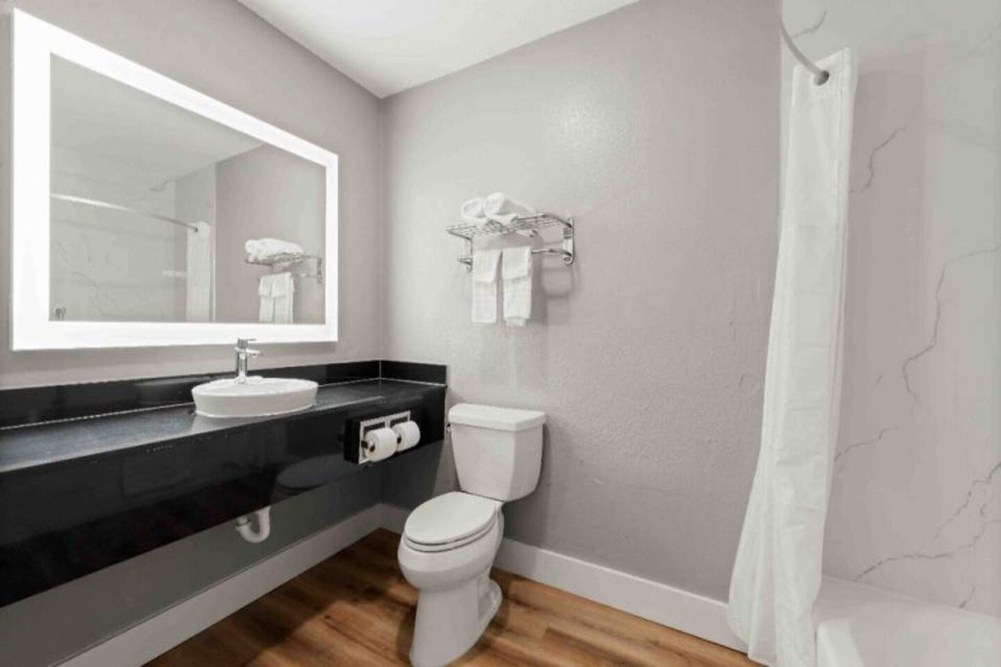 Une salle de bain avec des toilettes, un lavabo et un miroir.