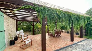 Un patio exterior con una pérgola cubierta de enredaderas, una mesa con sillas y un camino de piedra.
