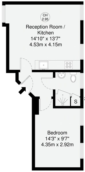Planta baixa mostrando um espaço de recepção/cozinha com 4,9 metros por 4,1 metros e um quarto com 4,3 metros por 2,9 metros.