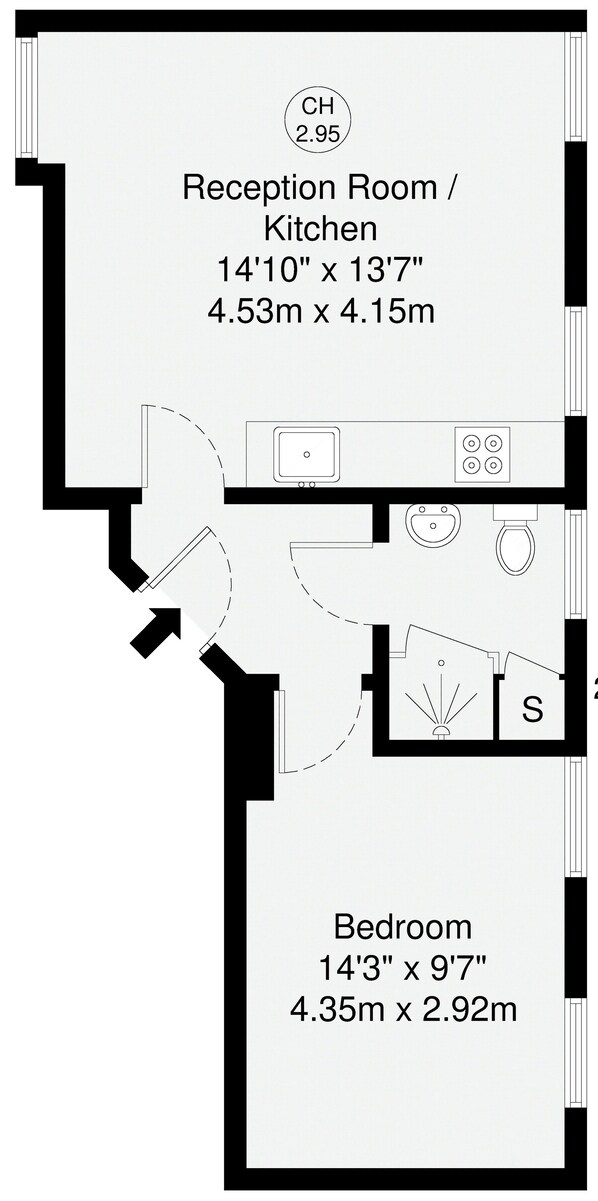 A floor plan with a reception room/kitchen measuring 14'10' x 13'7' and a bedroom measuring 14'3' x 9'7'. - Sterling House by City Living  (London)