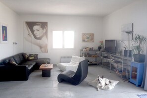 A modern living room with a black leather sofa, a white armchair, a small coffee table, a dog lying on a white cushion, a television, and a bookshelf. - mas de perimont || St.Pierre la mer (St.Pierre la mer)