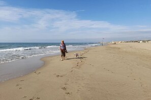 A sandy beach with footprints leading to the water, a person walking, and a dog. - mas de perimont || St.Pierre la mer (St.Pierre la mer)