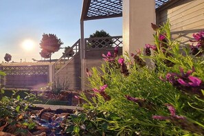 Ein Gartenbereich mit Holzzaun, einer Pergola und blühenden Pflanzen.