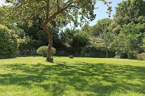 A well-maintained garden with a large tree, a stone bench, and a variety of shrubs and flowers. - Holiday home with 2 bedrooms (Ste. Honorine des Pertes)