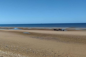 A beach with horses and a person riding a horse. - Holiday home with 2 bedrooms (Ste. Honorine des Pertes)