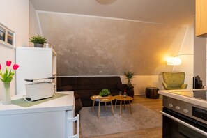 A compact living space with a kitchenette, a sofa, a dining table, and a green armchair. - House on the lake shore (Waren)