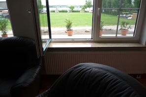 A room with a large window, a radiator below, and two potted plants on the windowsill. - "Sunshine" at the Müritz (Sietow)