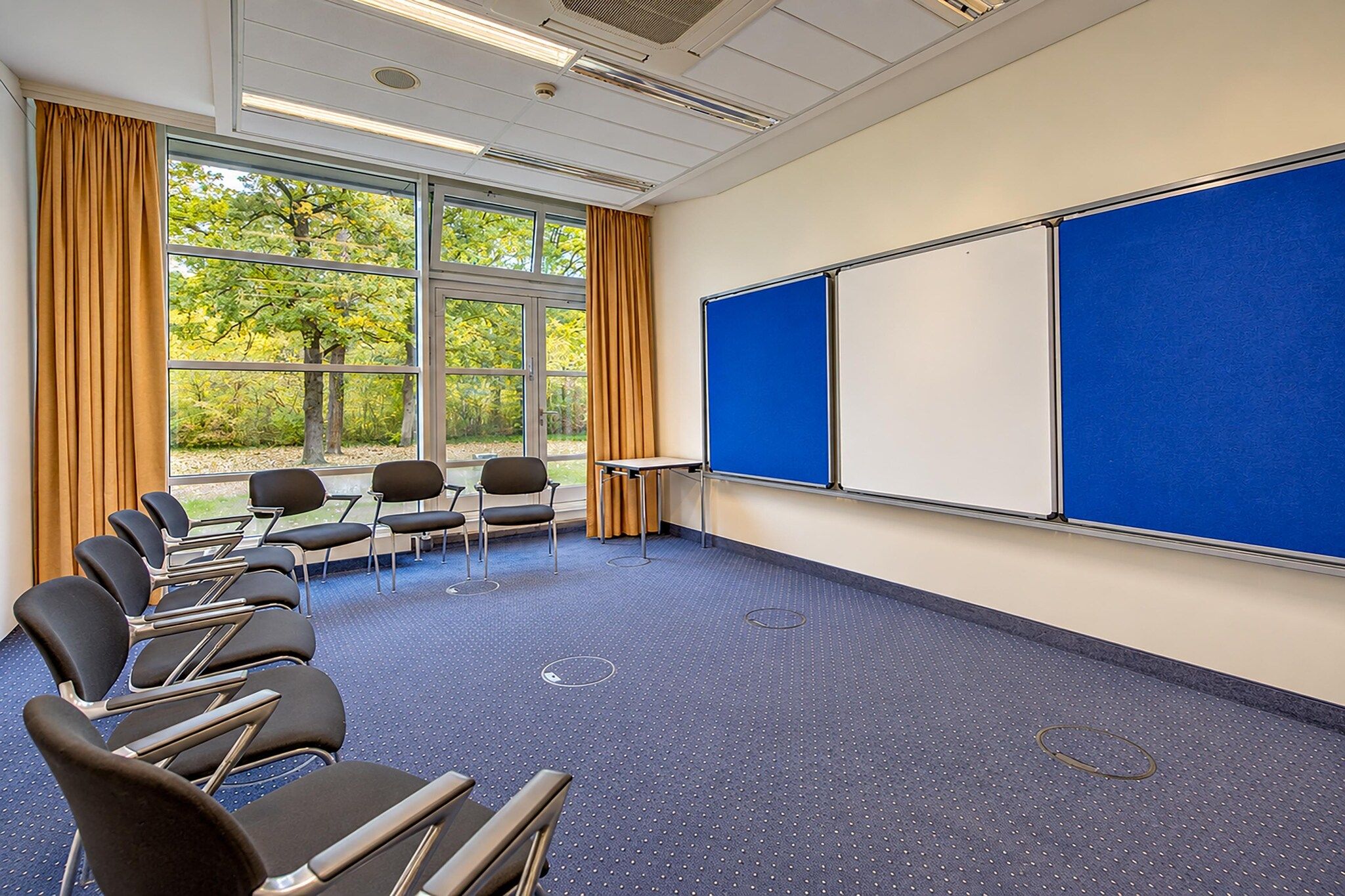 Ein Konferenzraum mit einem großen Fenster, einem blauen Teppich und einer Whiteboard-Wand.