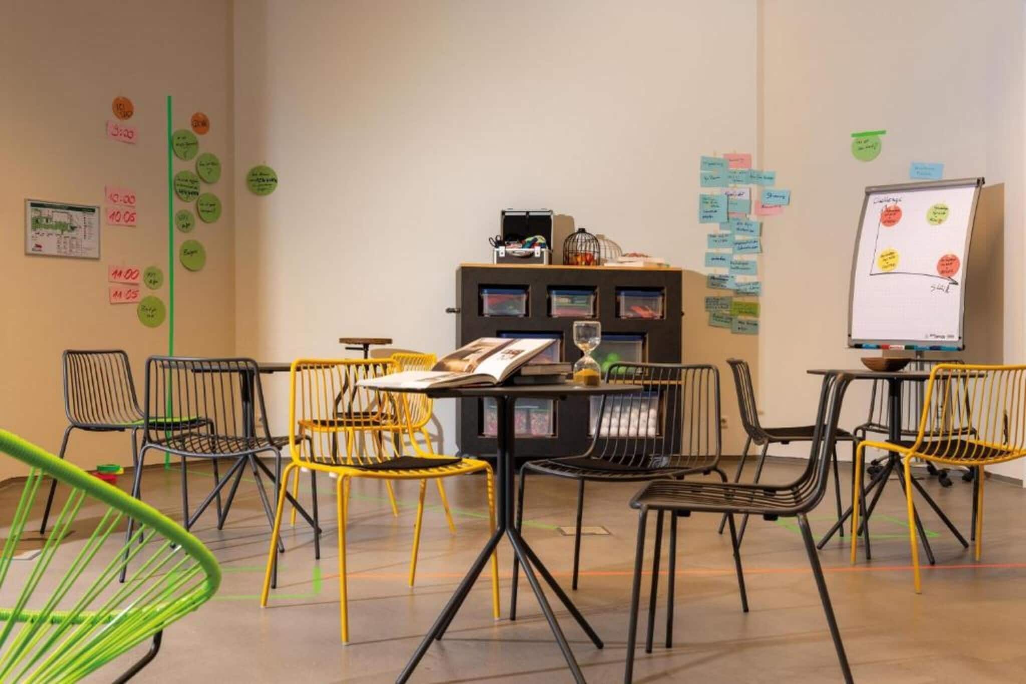 A meeting room with a whiteboard, chairs, tables, and sticky notes on the walls.
