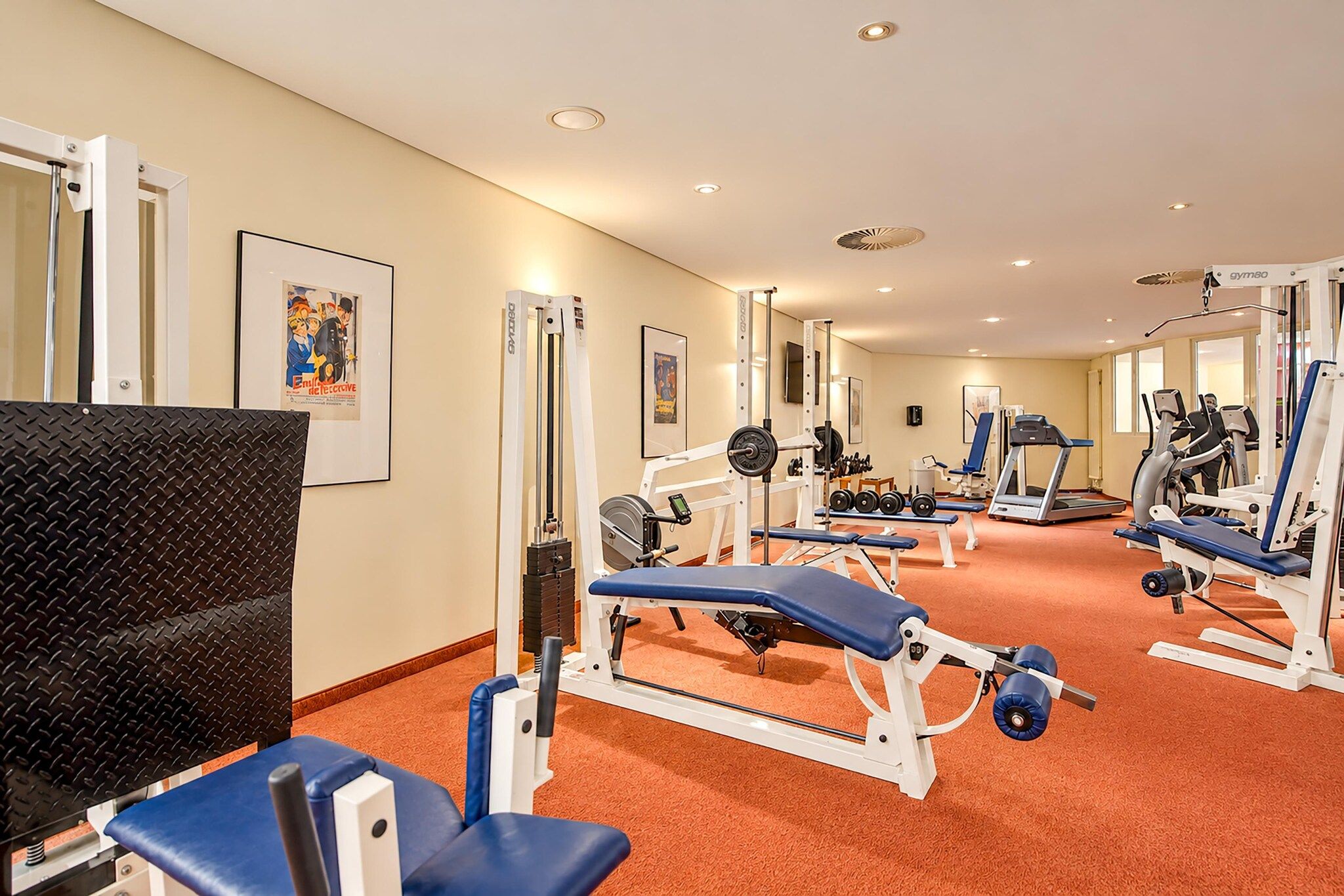 Ein Fitnessstudio mit verschiedenen Trainingsgeräten, darunter Kraftgeräte und Cardiogeräte.