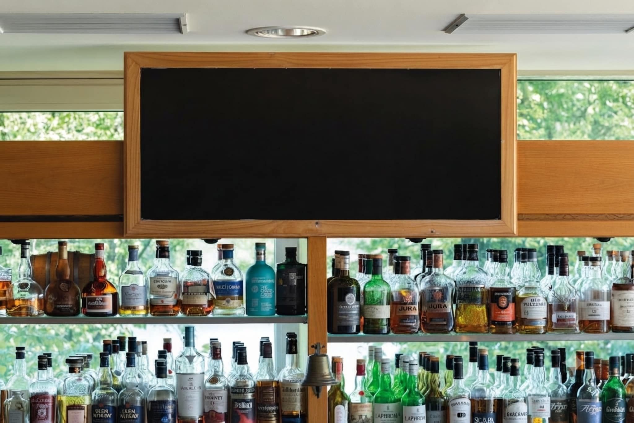 A bar area with a blackboard above shelves stocked with various liquor bottles.