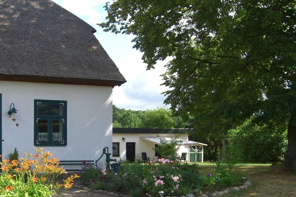 A white building with a thatched roof, a small garden with flowers, and a tree in the background.