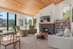 Ein modernes Wohnzimmer mit Kamin, Fernseher und Bücherregal.