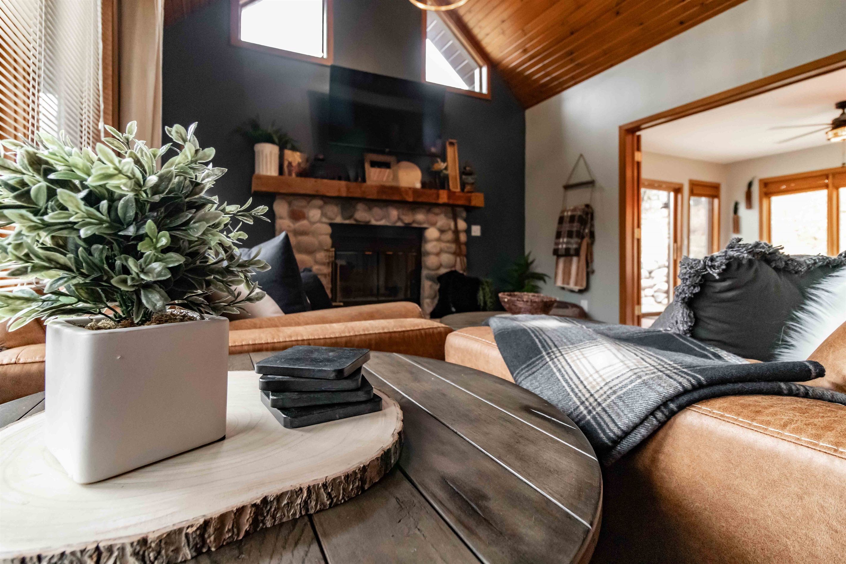 A cozy living room with a stone fireplace, leather sofas, and a potted plant.